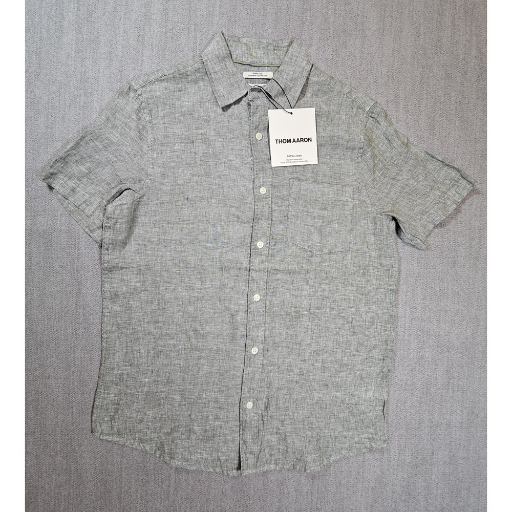 THOM AARON Men's 100% Linen Short Sleeve Button-Up Shirt Gray S Classic Casual‎
